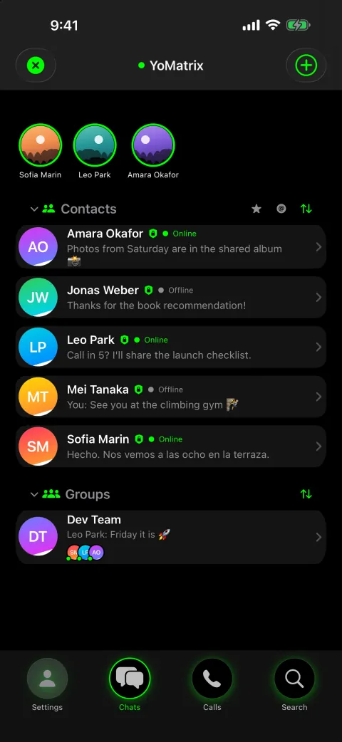 Chat list with contacts and a group