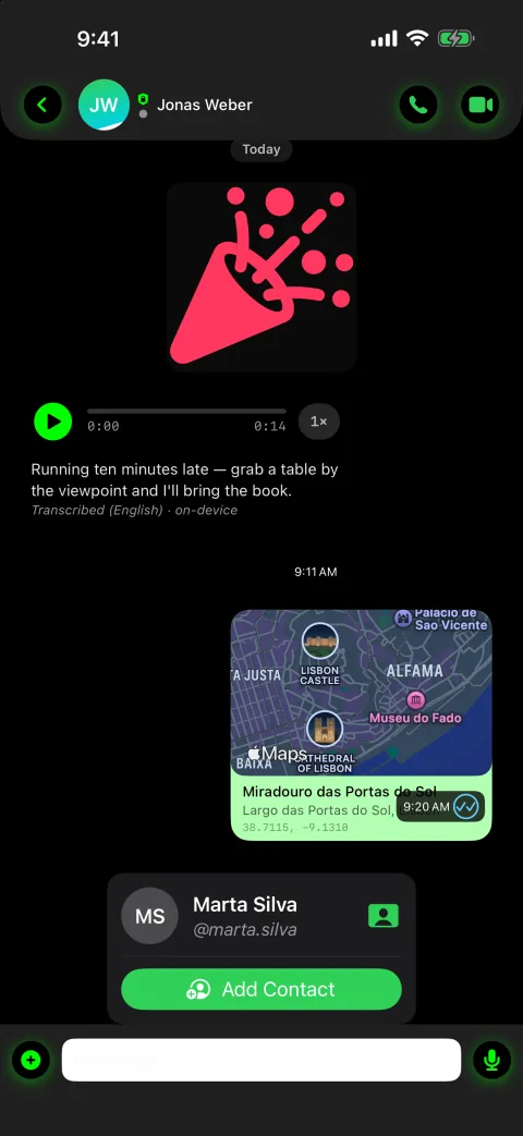 Chat with a sticker, voice note, location and contact card